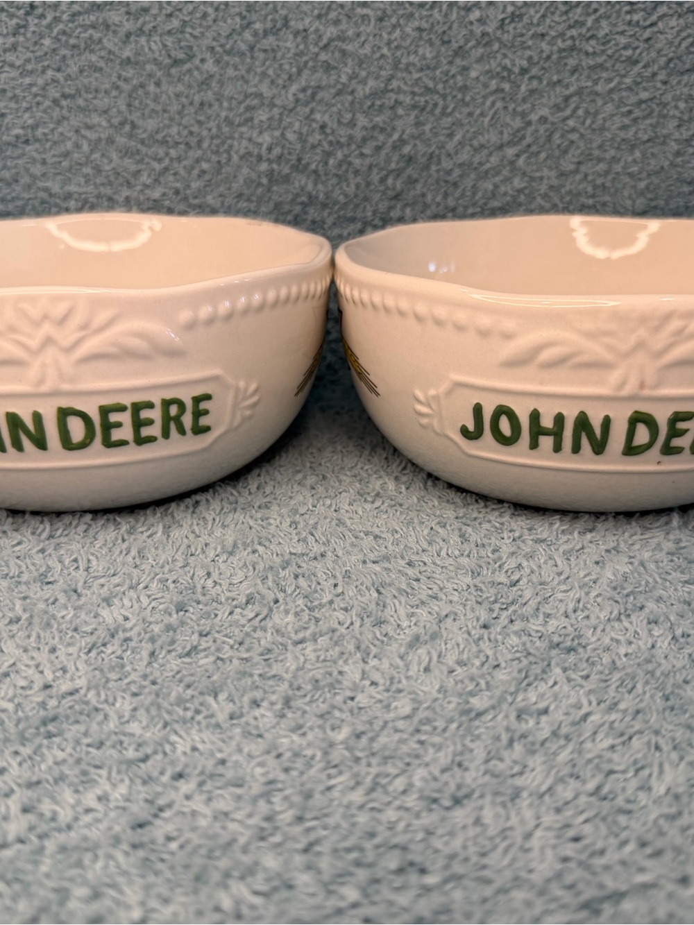 John Deere Set 2 Yellow Wheat Logo Stoneware Collectible Cereal Soup Salad Bowls
